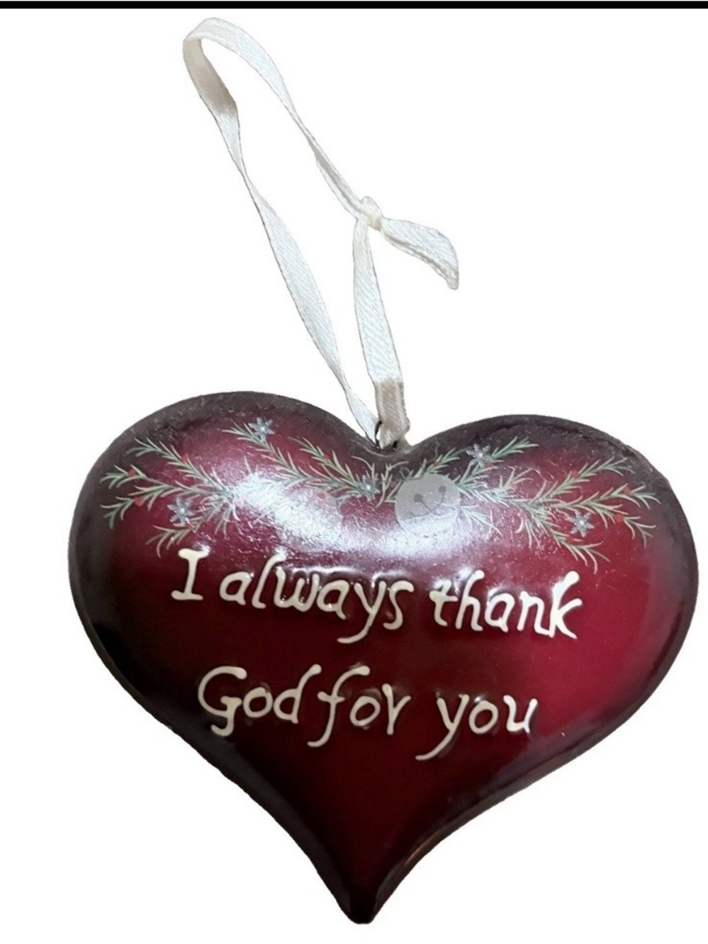 Pat Isaac Red Resin Heart Christmas Ornament "I Always Thank God For You"